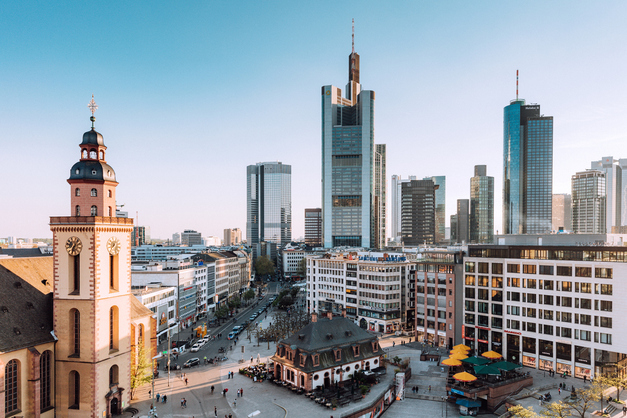 Frankfurt Skyline with St. Catherines Church, Hauptwache and financial district Frankfurt.