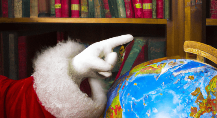 Santa Claus is looking for a destination on a globe.