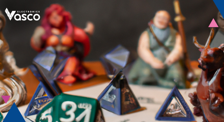 Dice scattered on the board against a background of fantasy figures.