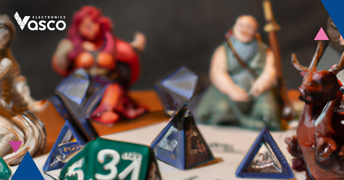 Dice scattered on the board against a background of fantasy figures.