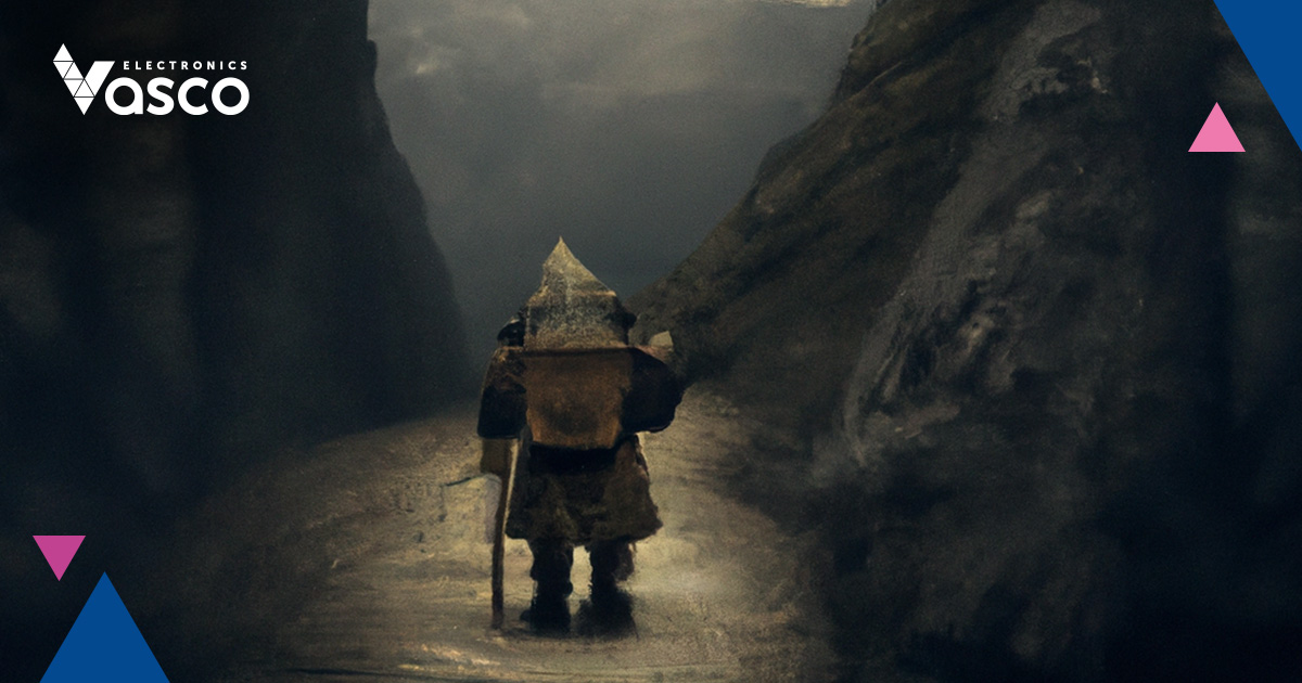 A mysterious dwarf adventurer with a cane, standing on the road among the mountains.