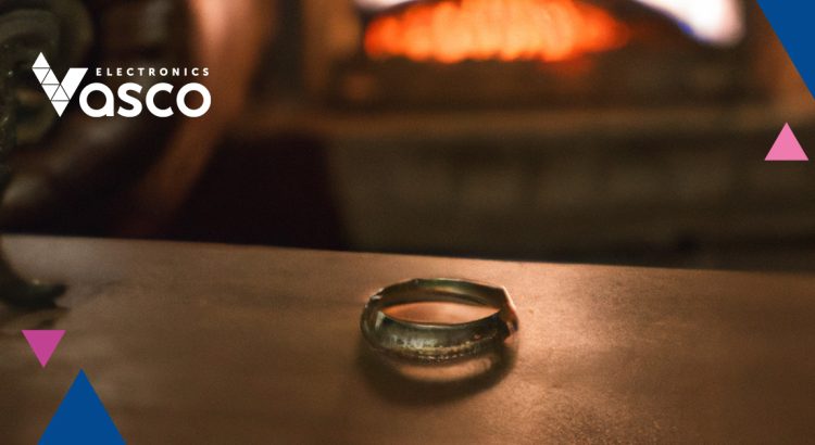 The Ring on the table with a fireplace in the background