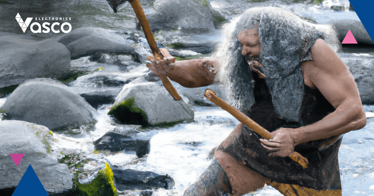 A troll with an axe and stick standing near the river.