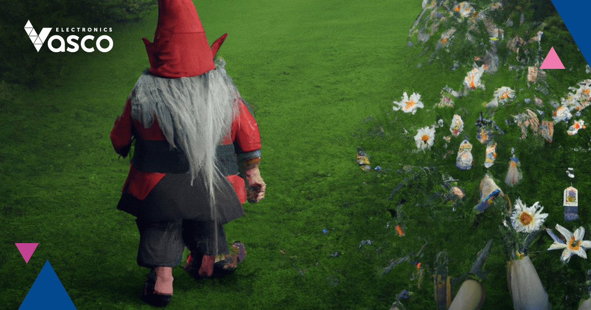 A garden gnome standing in the forest.