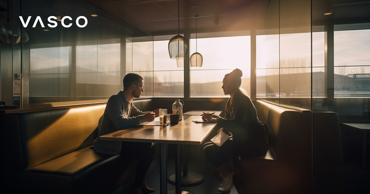 Young couple sitting in a restaurant.