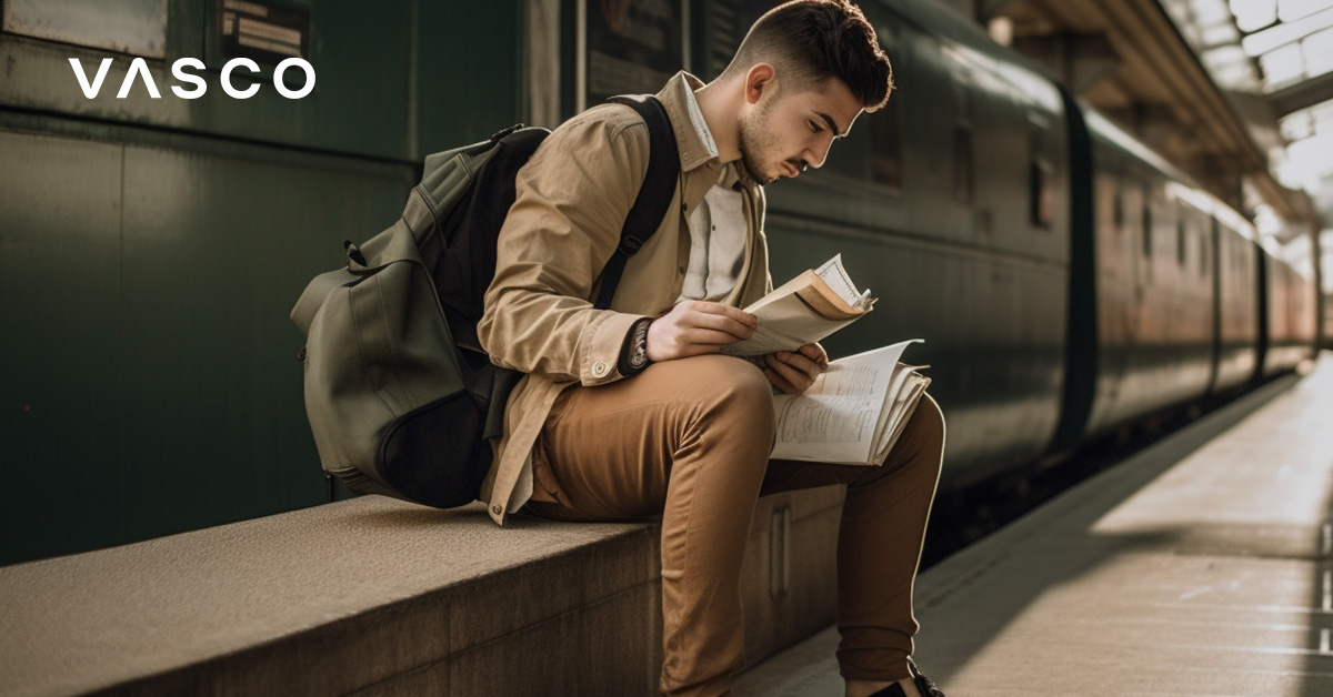 A young man sitting on the train station, planning a trip. 