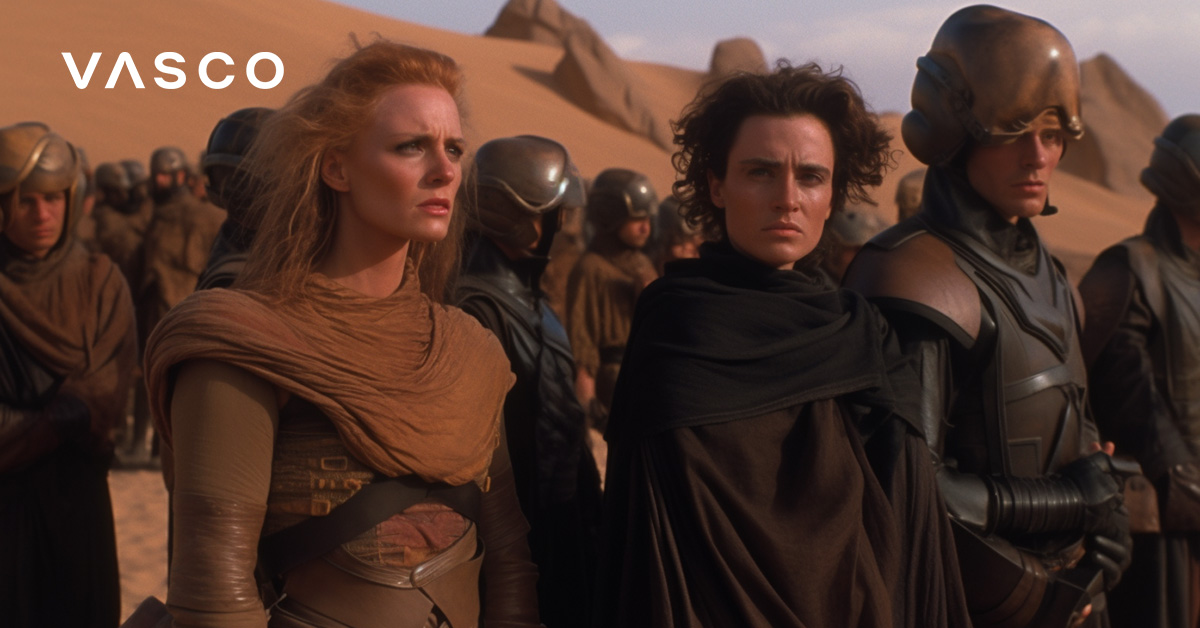 Dune-like characters standing in a desert.