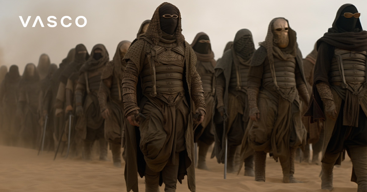 An army of Dune-like characters standing in a desert.