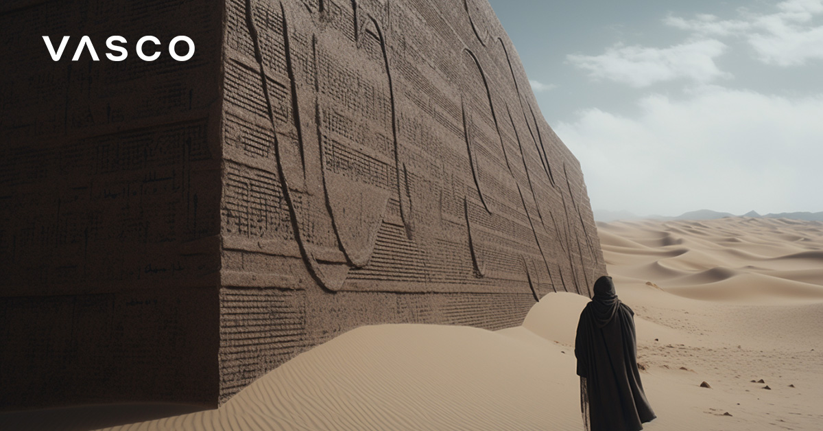 A person standing next to a wall in a desert