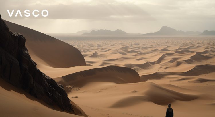 A vast desert with a small person standing at the bottom of the picture.