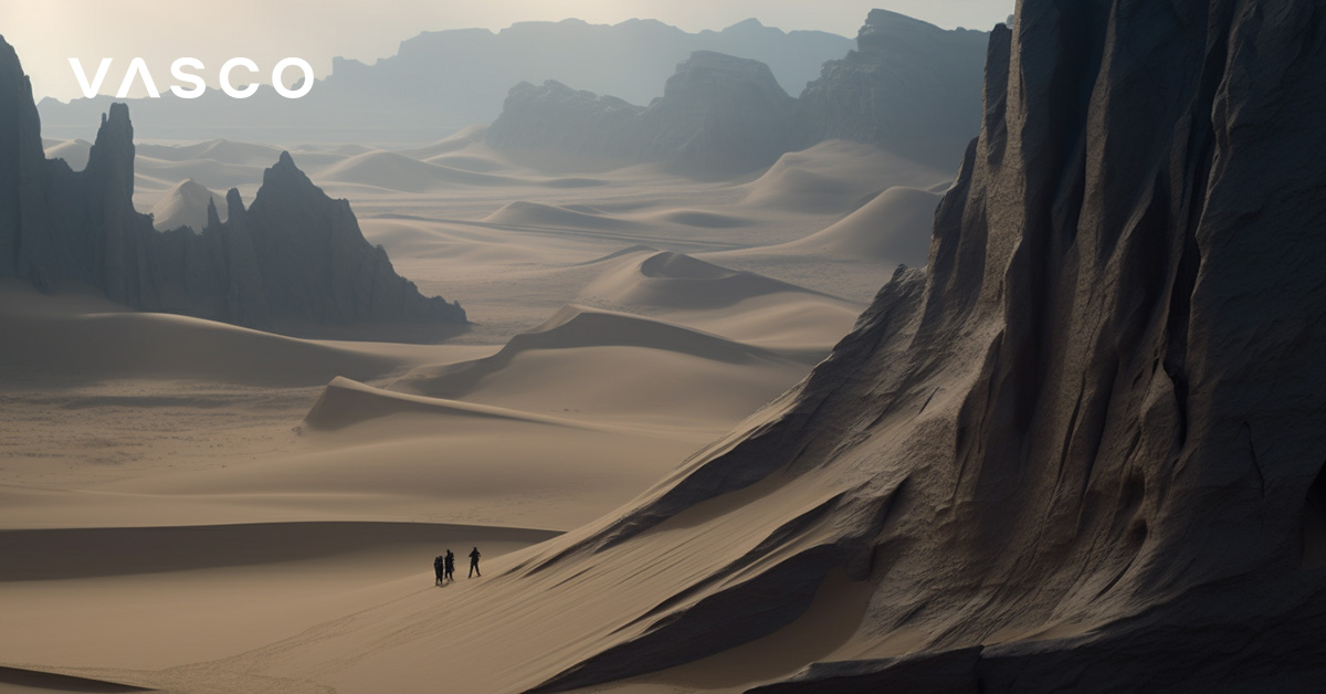 3 small-looking people standing in a vast desert.