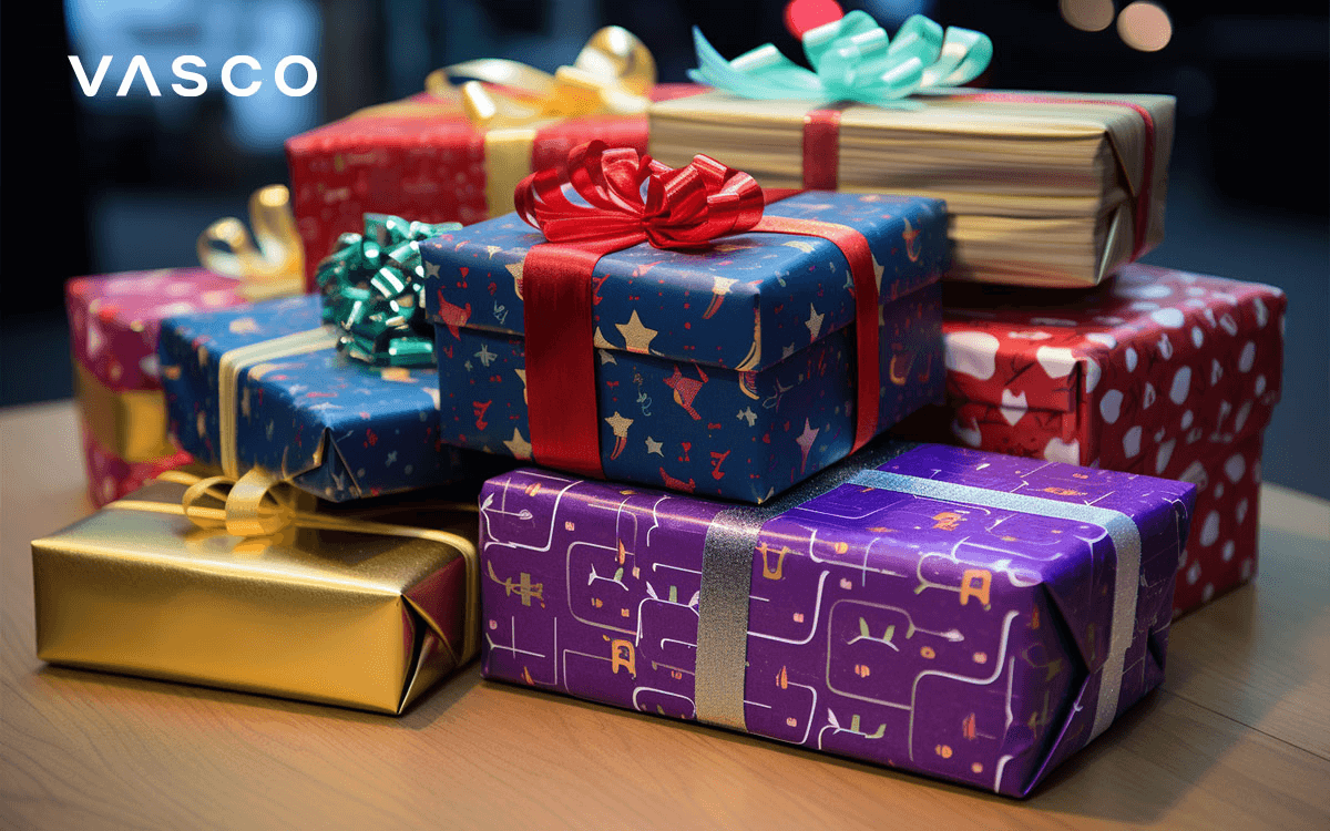 A stack of colorful presents.