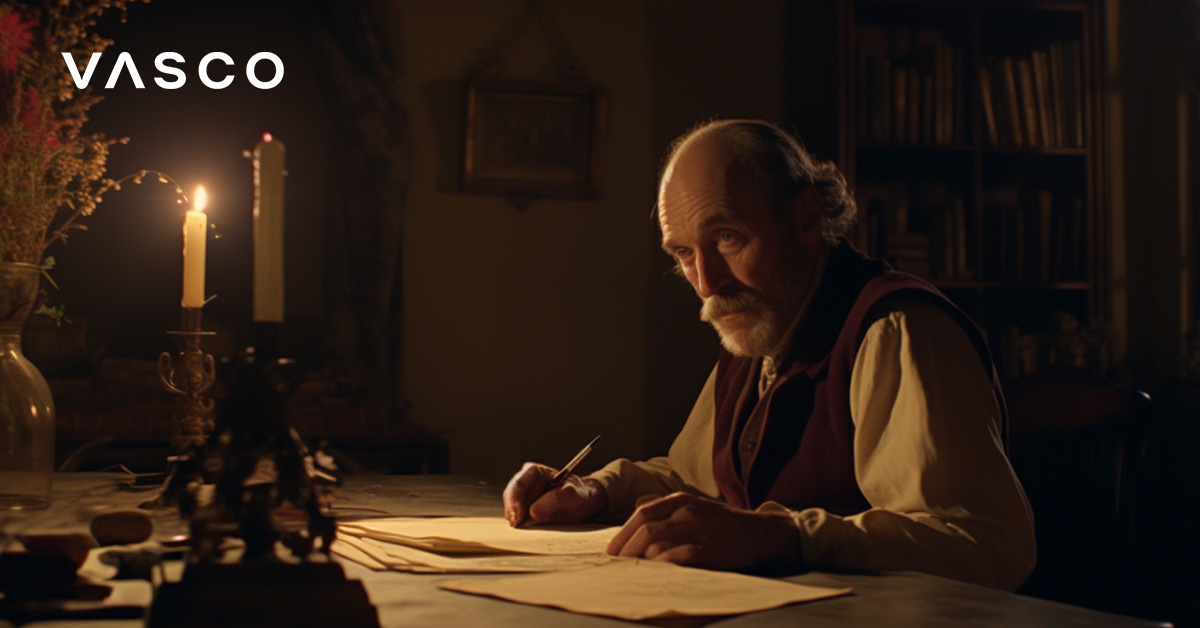 Old man writing next to a candlestick.