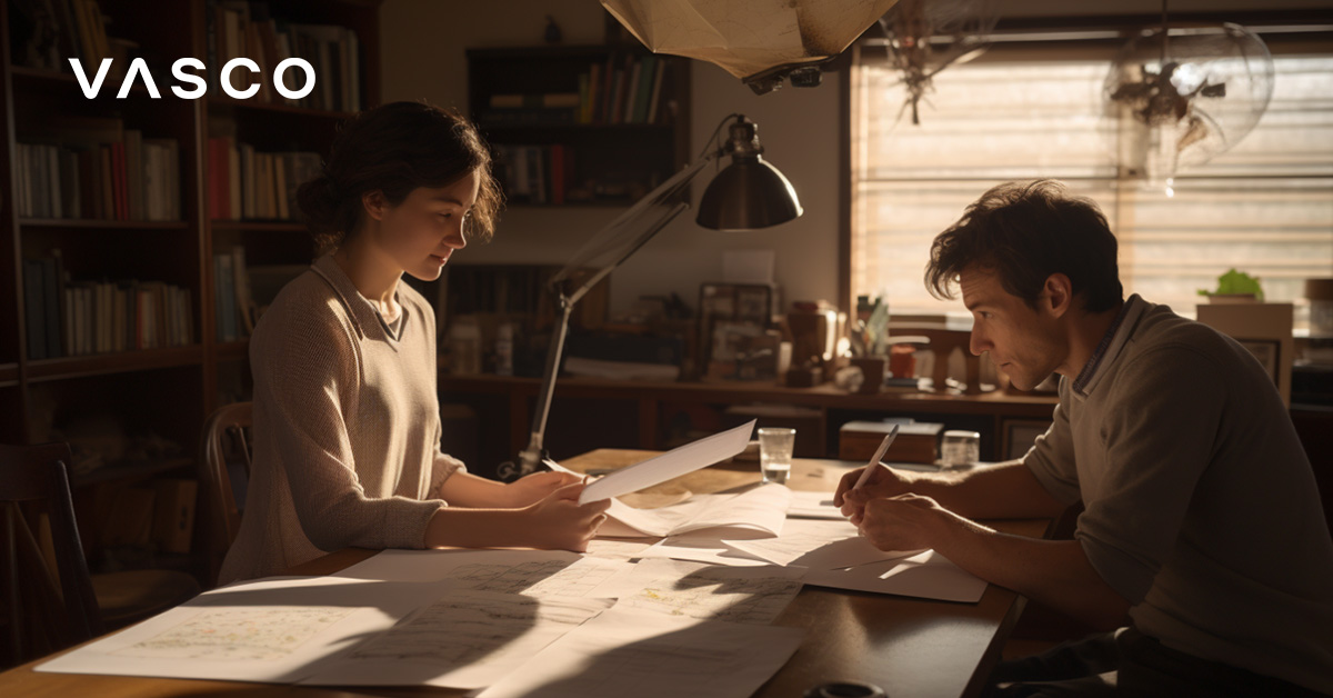 Two people sitting and writing on the desk.