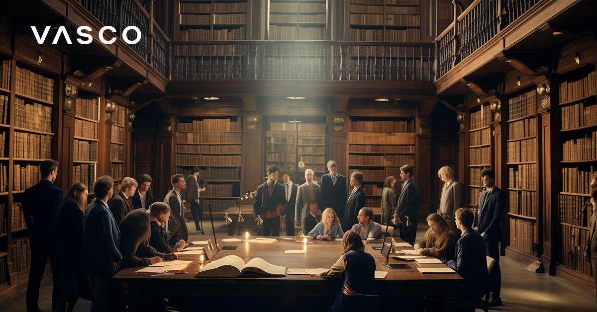 A group of people in the old library.