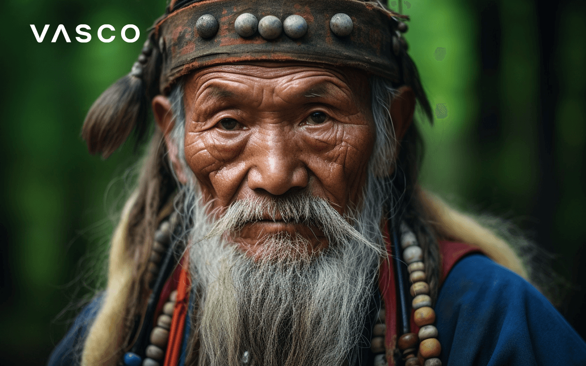 An elderly person in ethnic clothes. 