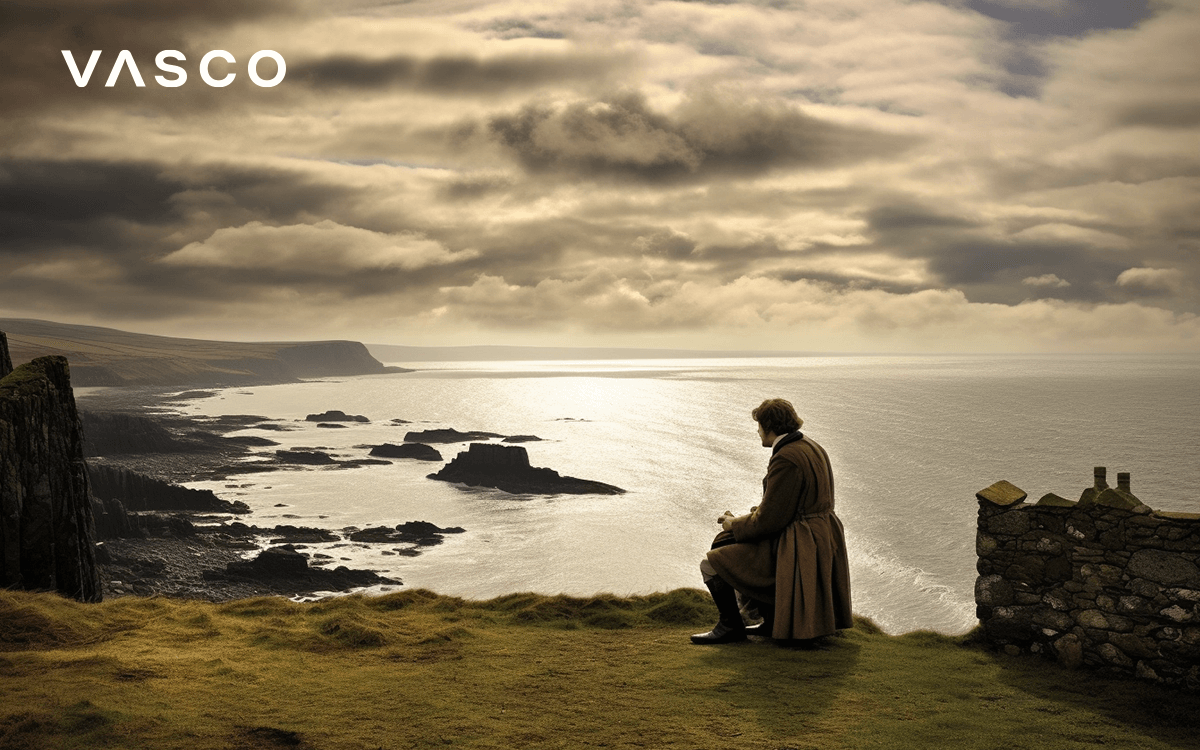 A person sitting on the cliff and looking at the ocean. 