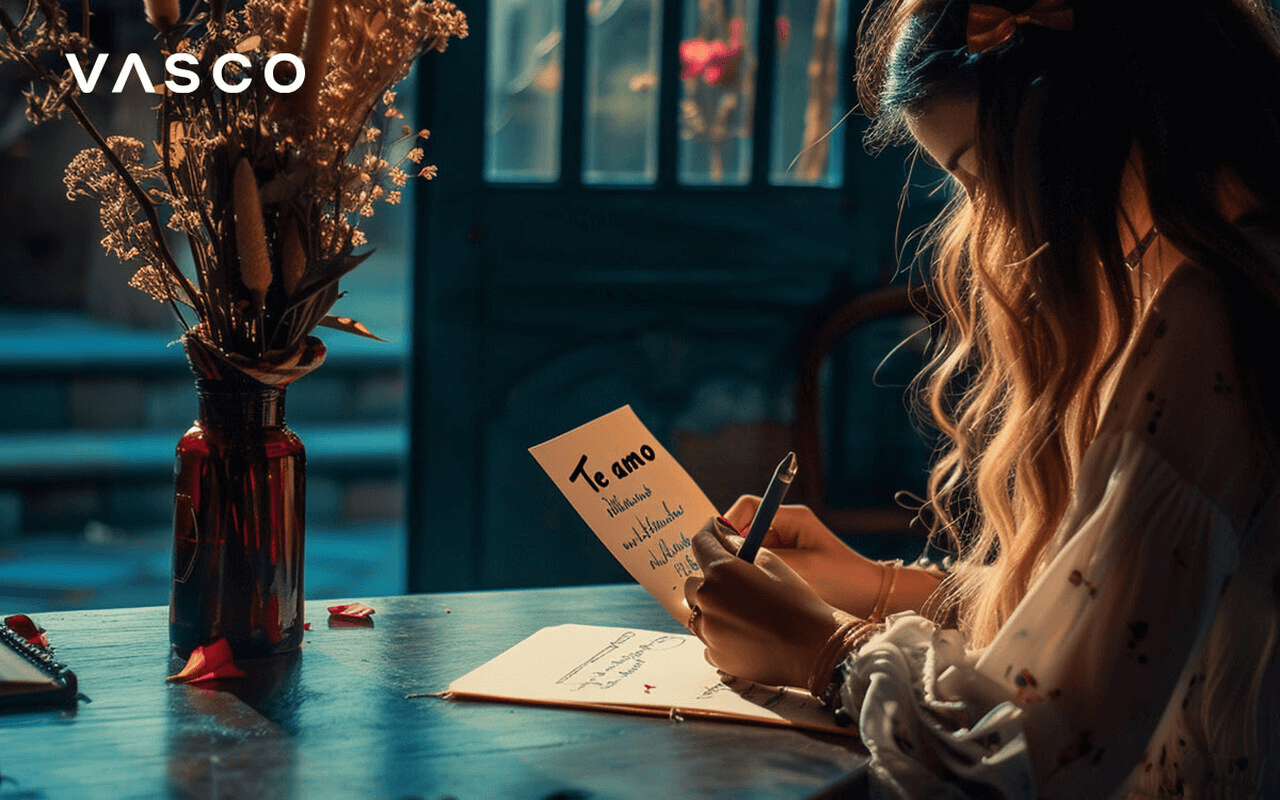 A woman is writing a letter in Spanish. 