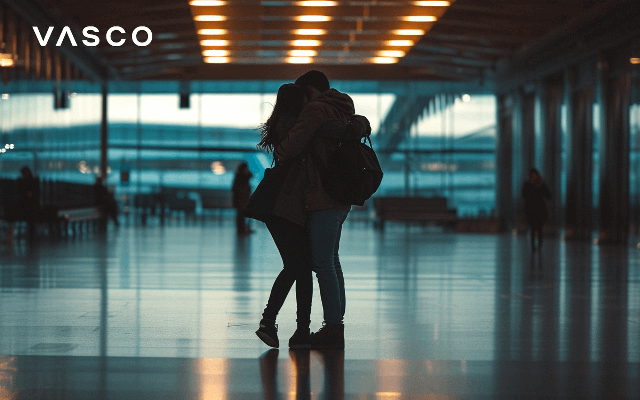 Two people are hugging at an airport.