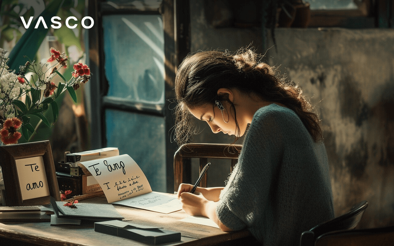 A woman is writing a letter in a foreign language. 