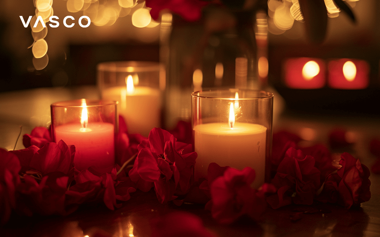 Candles and flowers create a romantic atmosphere.