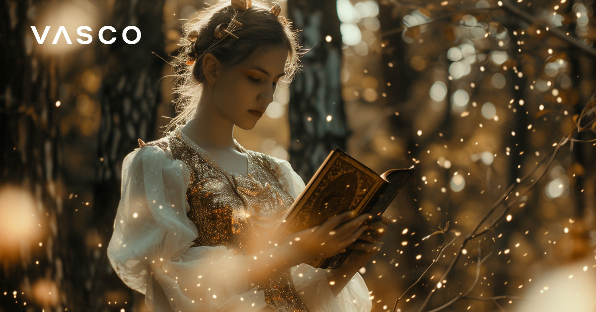 AI-generated picture of an Elvish woman reading a book.