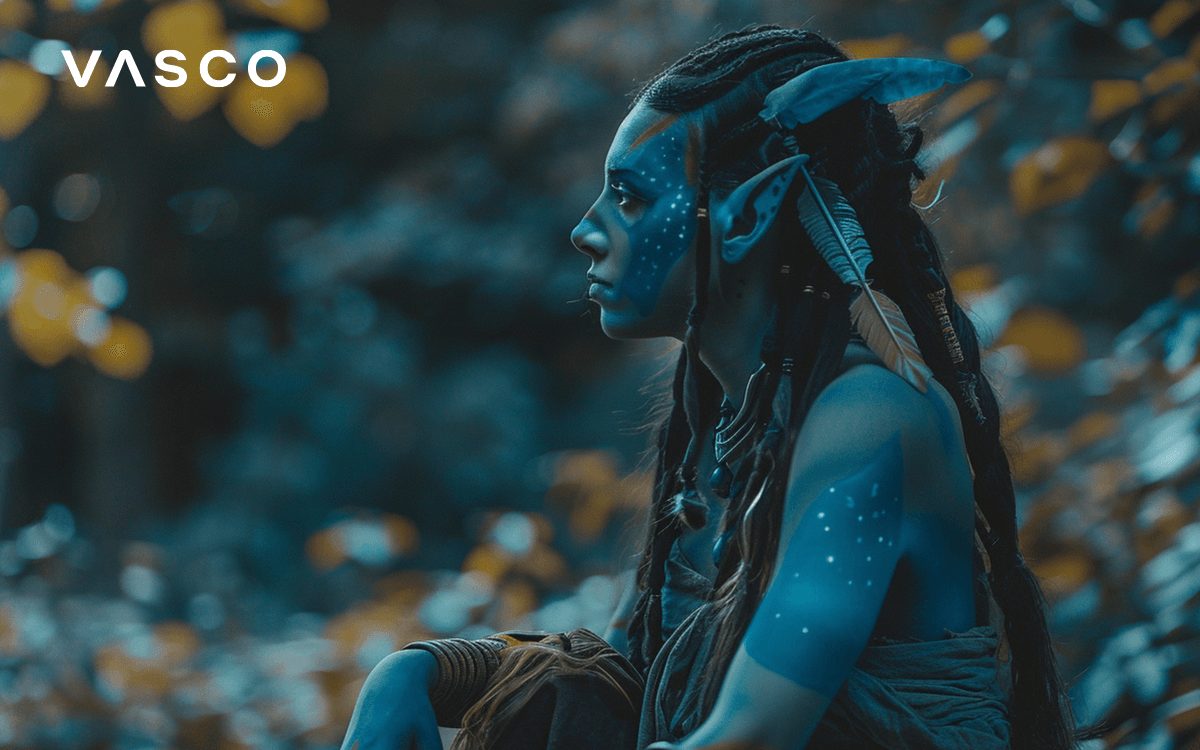 One of the Na'vi people is sitting in the wilderness.