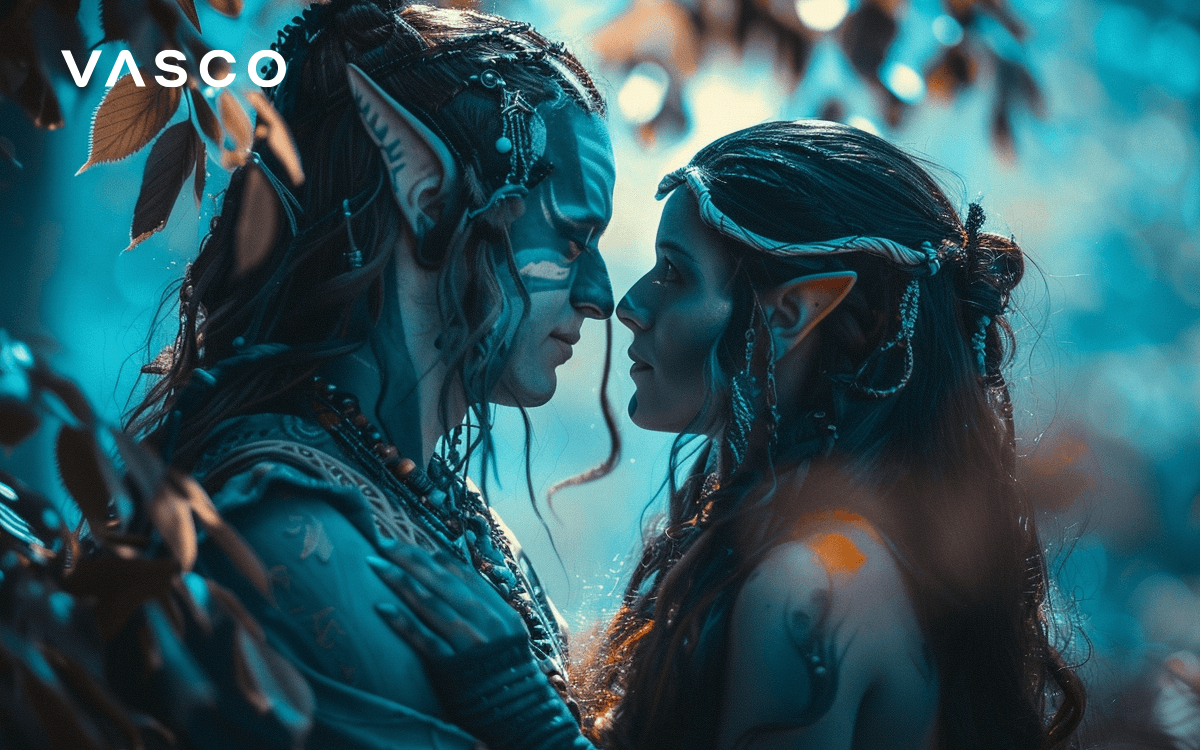 Two Na'vi people showing affection to each other.