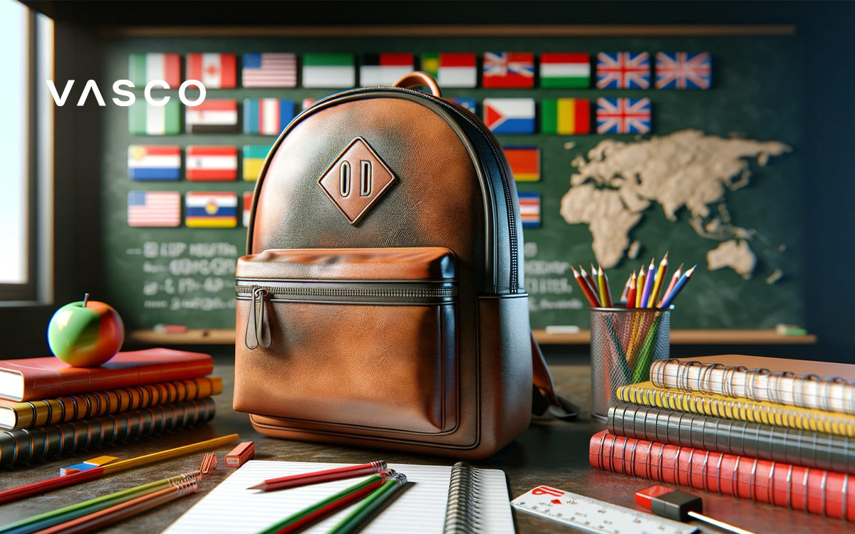 The backpack standing on the desk in a languages clasroom.