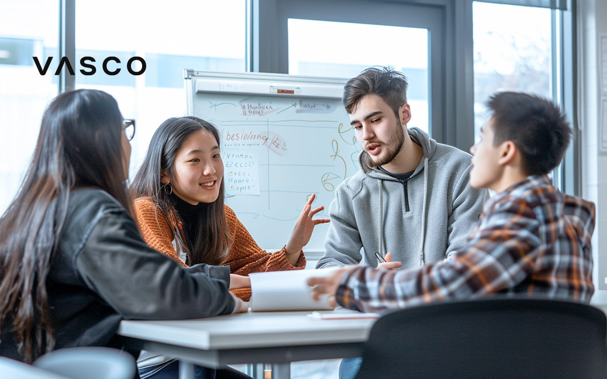 Young people discussing something in class.