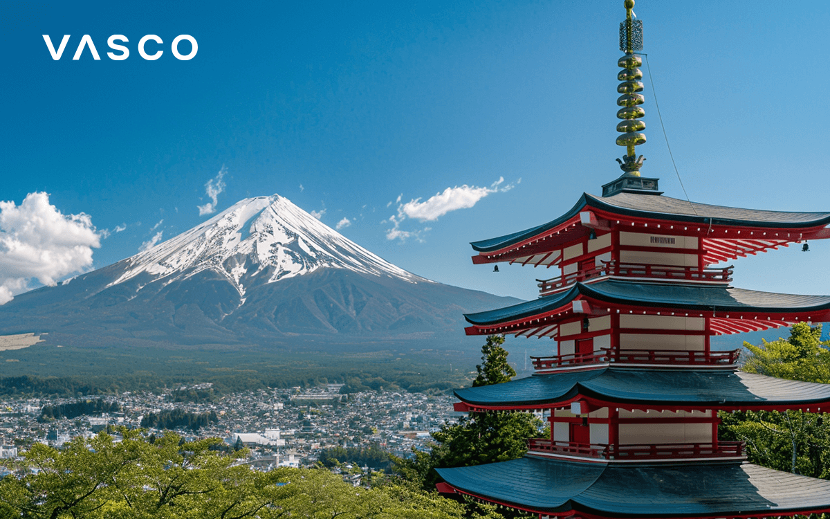 A Japanese shrine with Mountain Fuji in the background.