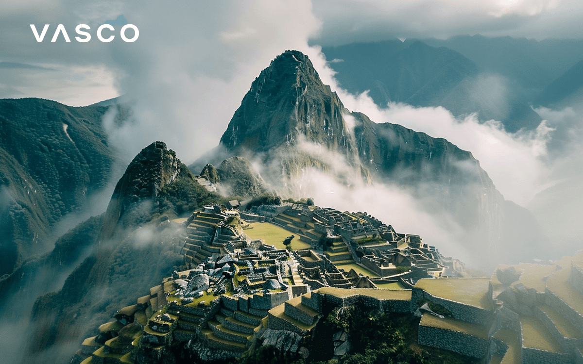 The view of misty peaks of Machu Picchu in Peru.