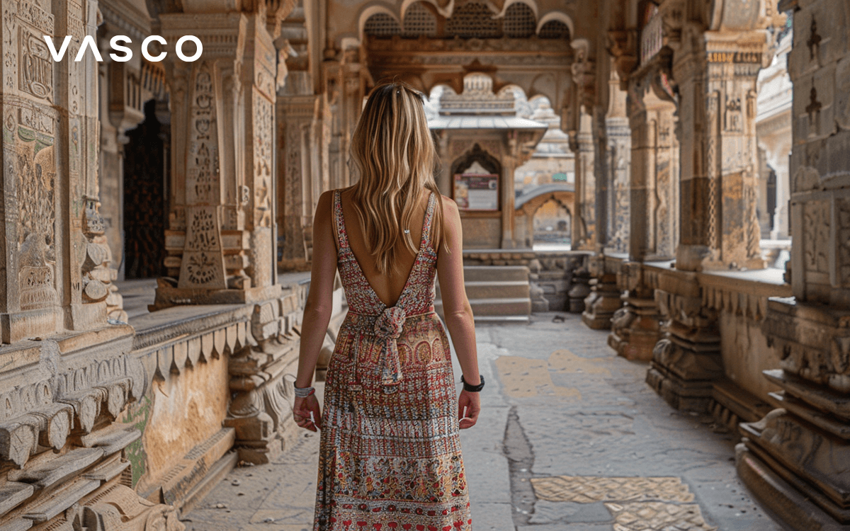 A woman visiting an ancient temple.