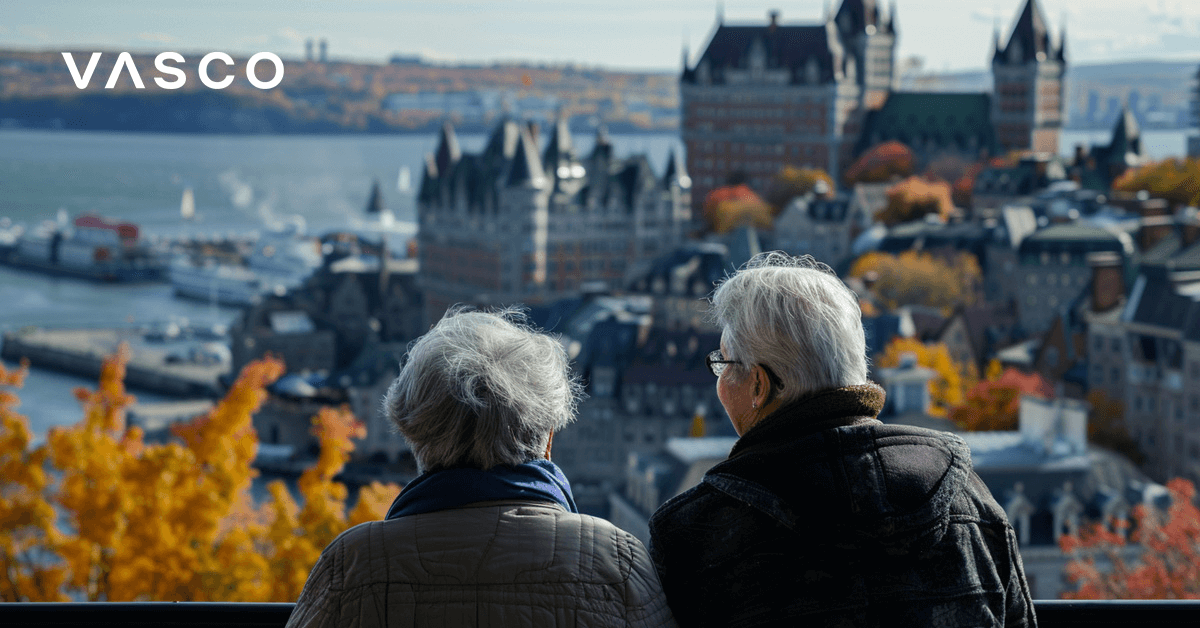 A senior couple overlooking the city landscape.