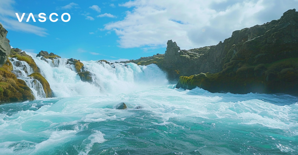 The picture of a waterfall in Iceland.