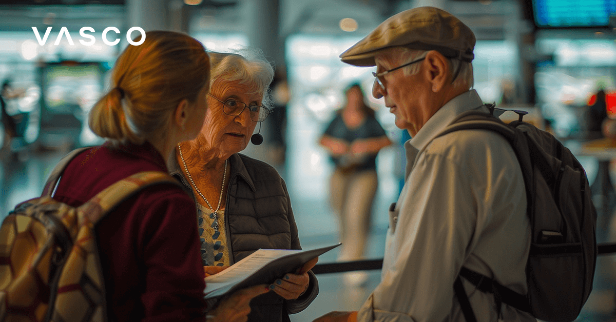 Elderly couple consulting someting with a young traveler.