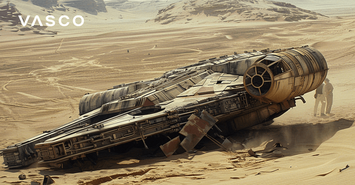 A crashed ship on a desert.