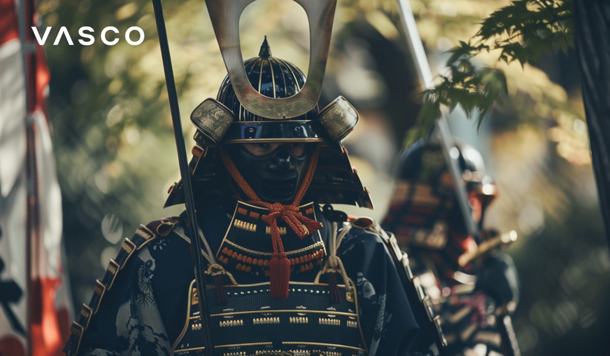 A close-up of a samurai warrior in full traditional armor, standing in a forest setting.