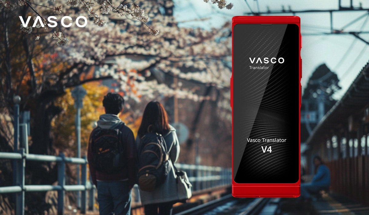 Vasco Translator V4 device displayed prominently with a background of people walking by cherry blossom trees.