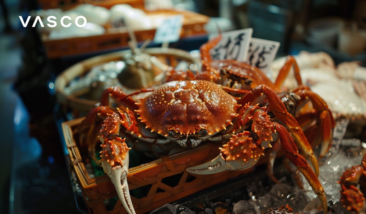 Fresh crabs displayed at a bustling Japanese seafood market.