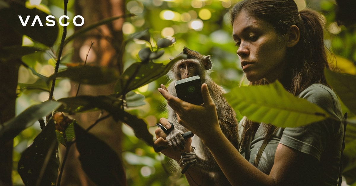 A woman in a jungle setting, looking at a device while a monkey sits beside her, appearing curious.