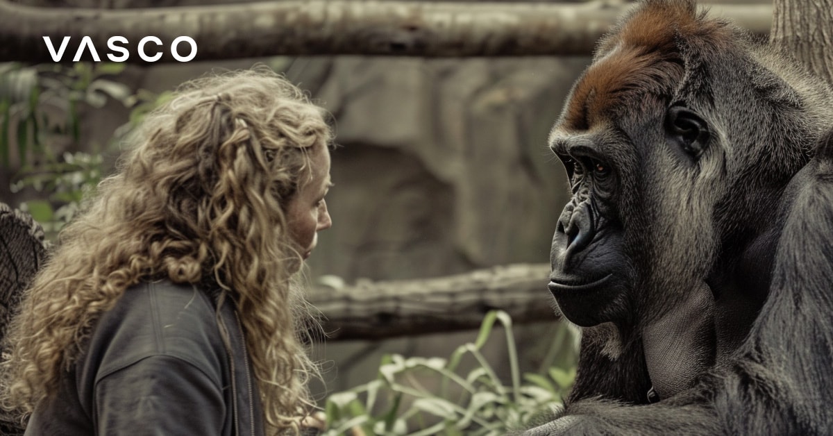 A woman with curly hair sitting closely and looking at a gorilla in a natural setting.