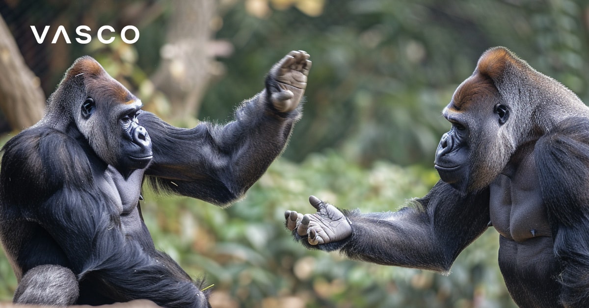 Two gorillas facing each other, with one raising its arm as if gesturing or communicating.