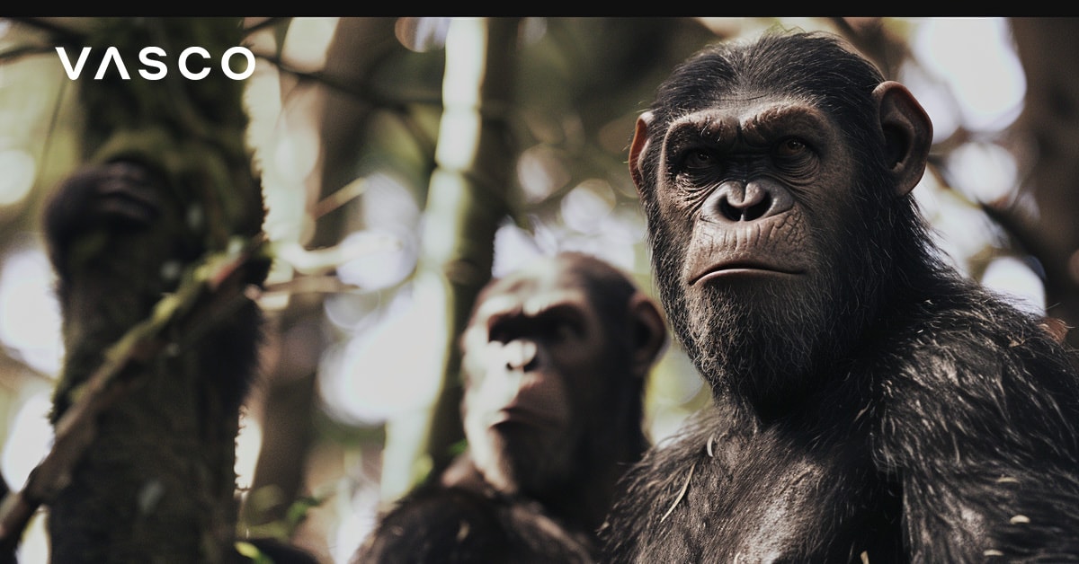 Two chimpanzees standing close together, looking intently in the same direction in a forest environment.