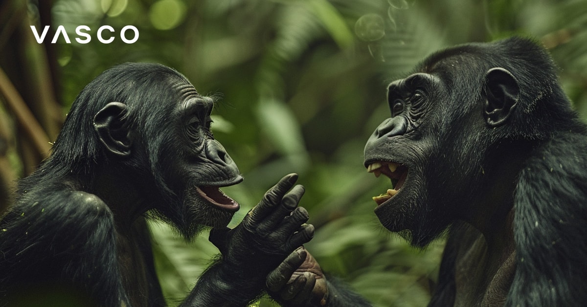 Two chimpanzees sitting closely together, appearing to communicate with each other in a lush forest setting.