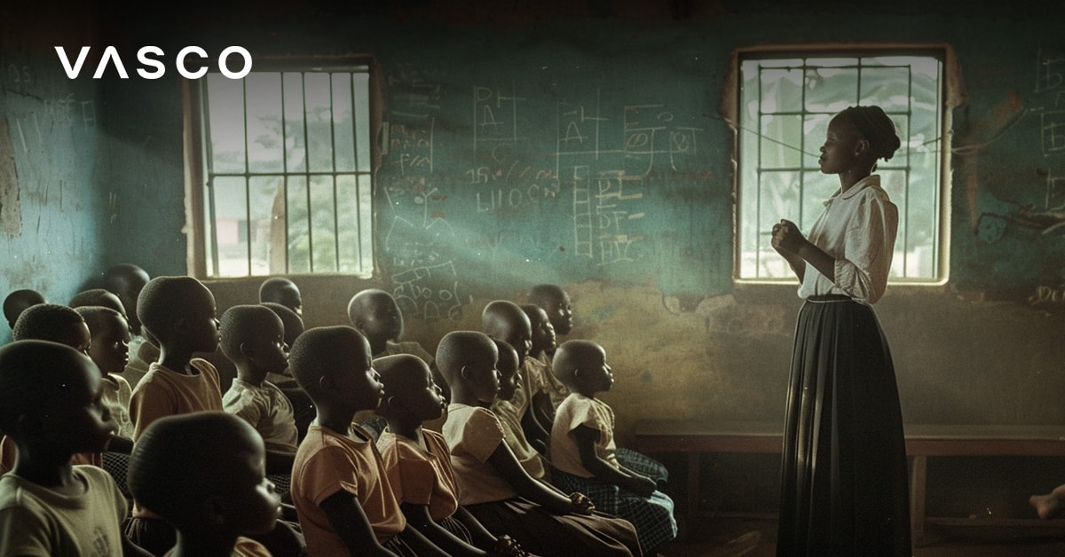 A teacher standing in front of a classroom, speaking to a group of attentive young students seated in rows.