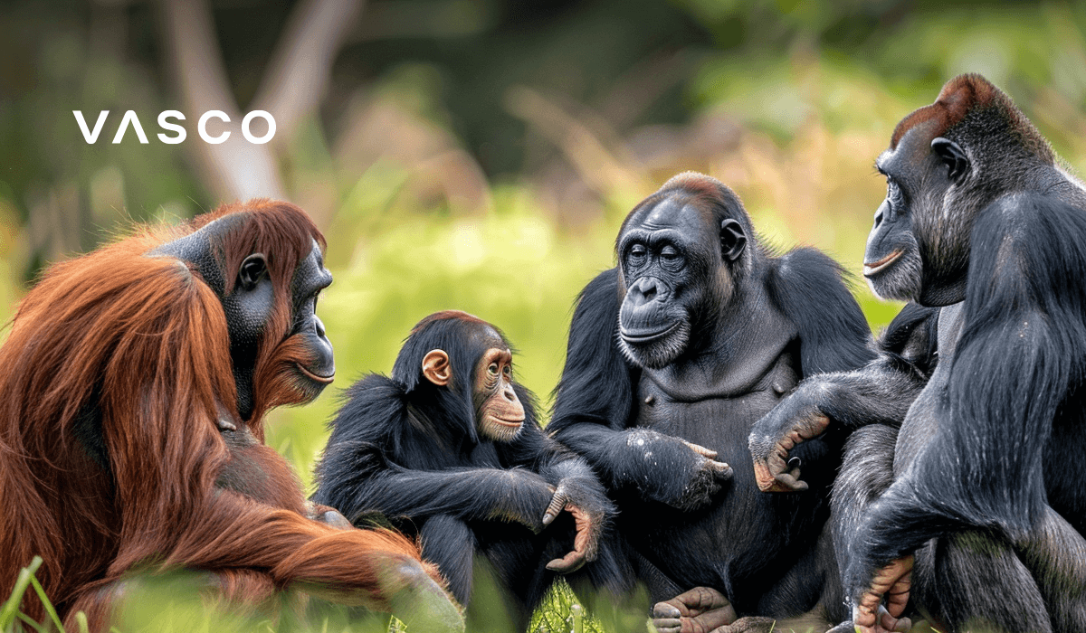 A group of primates, including an orangutan, chimpanzees, and a young ape, sitting together on the grass in a natural setting.