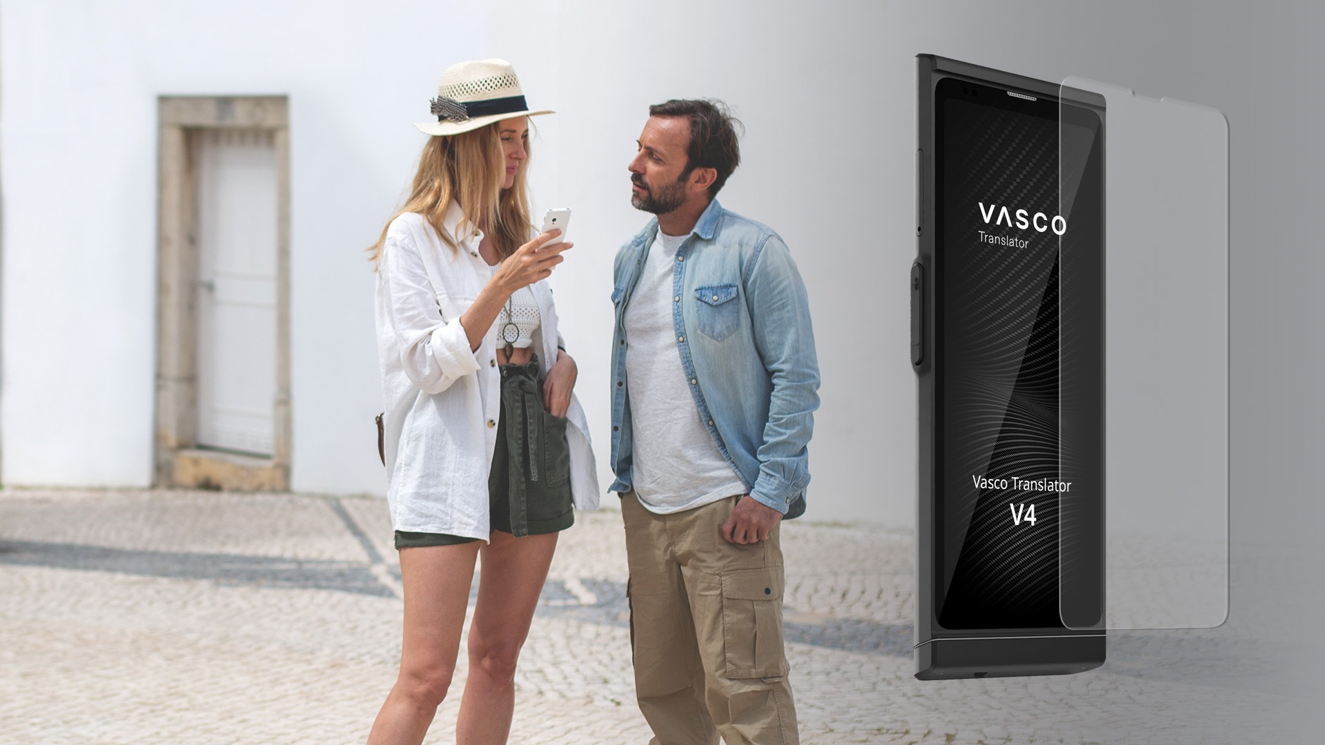 A woman and a man are standing outdoors, engaged in conversation while using a smartphone. Next to them, a Vasco Translator V4 device is displayed, highlighting its use for communication.