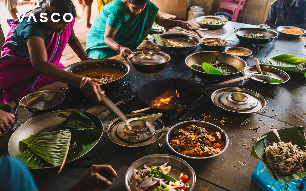 A vibrant scene of traditional cooking with various dishes being prepared on open flames