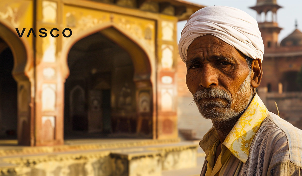 Elderly man wearing traditional attire standing in front of an historic building.